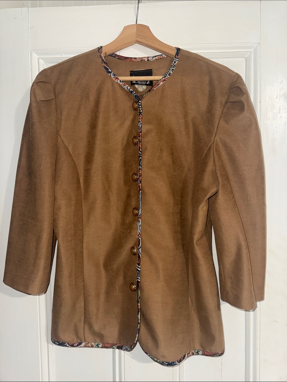 VTG 80s Whirlaway Frocks Faux Suede Jacket Paisley Trim Size 12 Made in USA
